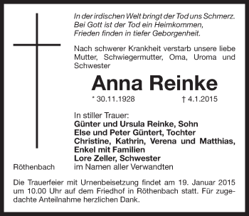 Traueranzeige von Anna Reinke von Pegnitz-Zeitung